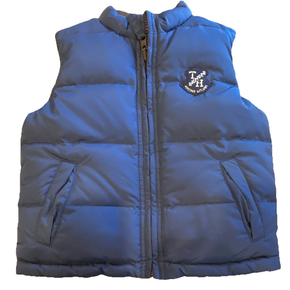 Tommy Hilfiger Boys Reversible Puffer Vest Size M Blue Brown Full Zip.